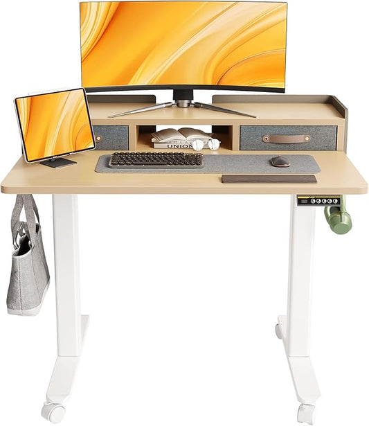 Claiks Standing Desk with Drawers, Adjustable Stand Up Electric Small Standing Desk Adjustable Height with Storage Shelf and Splice Board, 40 Inch, Natural
