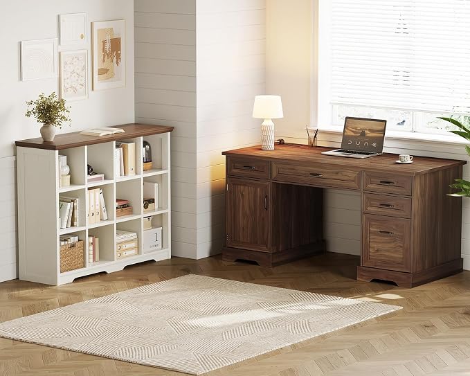 OffiGo 59 Inch Farmhouse Desk with Drawers, Executive Computer Desk with Charging Station, Wood File Cabinet Storage for Home Office, Walnut