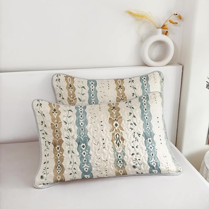 AILONEN Full Quilted Comforter 3-Piece Set, Bohemian Medallion Stripe Bedspread Coverlet 2 Pillowcases, Cyan Tan Bedding Teens Guest Room Apartment Shabby Chic Tribal Botanical Vertical