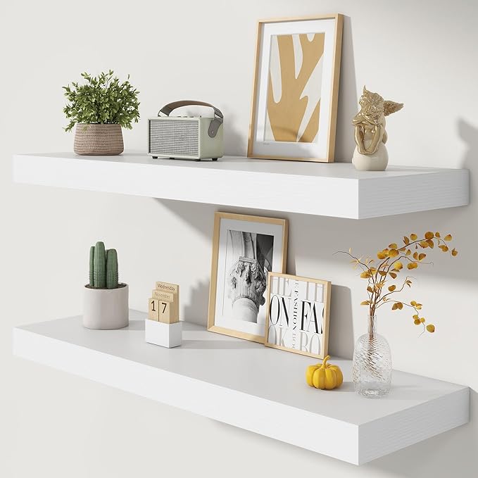 Deep Floating Shelves | 40 Inch White Floating Shelves Set of 2 | 12 Inch Deep Wood Wall Shelves | 40" W x 12" D White Shelves for Bathroom Living Room Kitchen Laundry Room