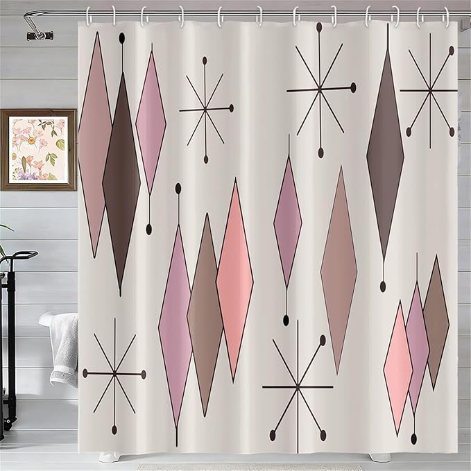 Mid Century Shower Curtain Vintage Abstract Pink Brown Diamond Geometric Atomic Starburst Pattern for 1950s Retro Bathroom Decor Accessories Shower Curtain Set with 12 Hooks, 48x72 Inches