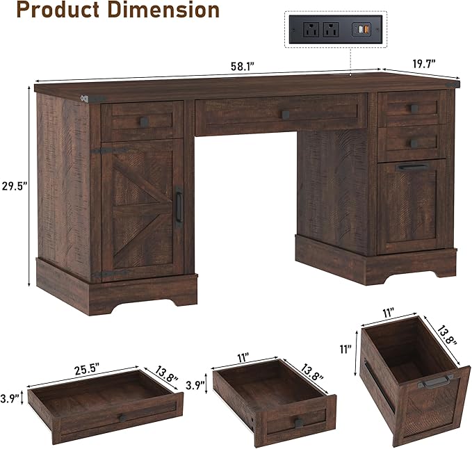 Squireewo 58'' Farmhouse Home Office Desk with Drawers, Wooden Executive Desk with Charging Station, File Drawers and Storage Cabinet, Computer Desk for Work, Study and Writing, Brown