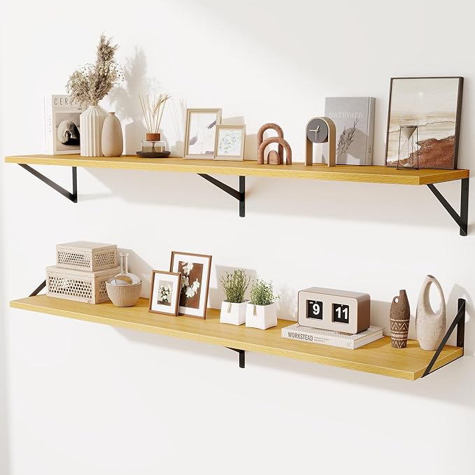 Deep Floating Shelves,55" Wx10 D Wood Wall Shelves Set of 2,Long Wood Floating Shelf with Metal Brackets,Floating Bookshelf for Living Room,Kitchen,Office,Bedroom,Decor Storage,Oak