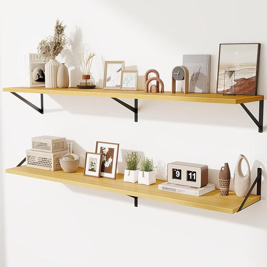 Deep Floating Shelves,55" Wx10 D Wood Wall Shelves Set of 2,Long Wood Floating Shelf with Metal Brackets,Floating Bookshelf for Living Room,Kitchen,Office,Bedroom,Decor Storage,Oak
