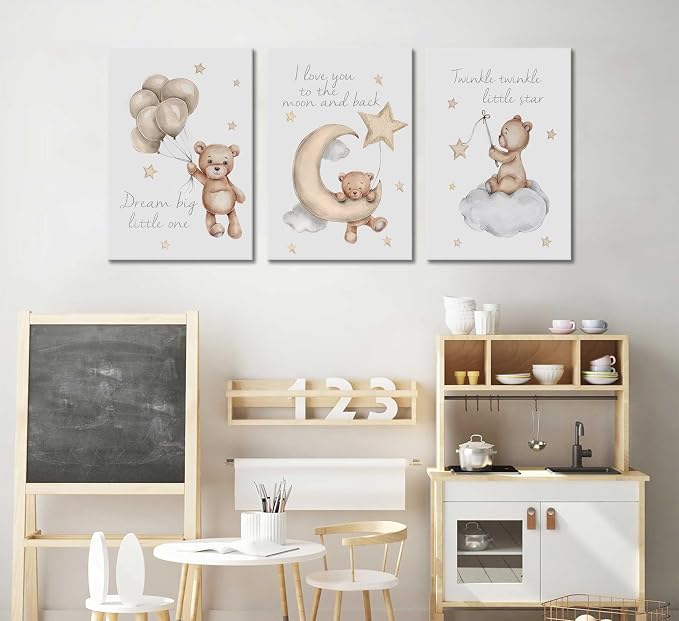 3Pcs Teddy Bear Wall Art Cute Little Bears Wall Decor Slepping Teddy Bears Posters Prints Moon Star Cloud Neutral Nursery Canvas Pictures for Kid's Room or Bedroom Painting Framed