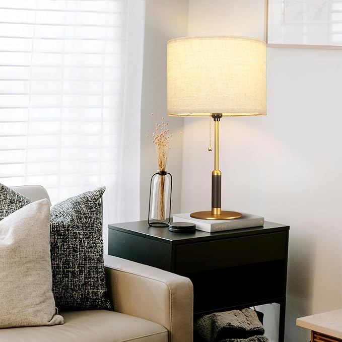 21" Mid Century Modern Table Lamp with Pull Chain Switch, 3-Color Light Bedside Lamps for Bedroom Living Room, Solid Wood/Metal/Fabric Nightstand Lamp for Home Office (Light Brown+Brass)