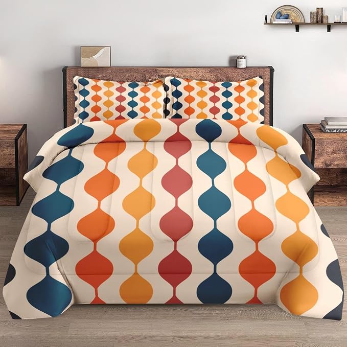 Pamnest Comforter Set Full Size, Geometric Hippie Multicolored Soft 3 Pcs Bedding for Kids and Adults, Retro Vintage 70S Comforter Set with Pillowcase, for Bedroom Bed Decor