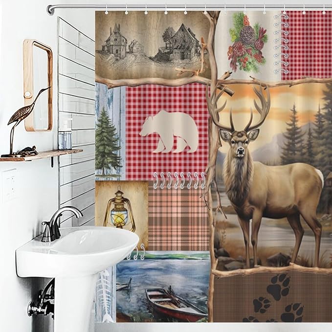 Retro Bear Rustic Shower Curtain, Farmhouse Country Antique Moose Bear Forest Vintage Wood Hunting Camping Waterproof Shower Curtains for Bathroom Decor 12 Pack Hooks 55x72in（140x183cm）