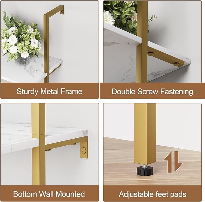 aboxoo Ladder Shelf 2PCS White Marble Bookshelf 5-Tier Wall-Mounted Wood Rack Open Industrial Modern Plant Flower Stand Utility Organizer Bookcase Metal Frame Furniture Office Kitchen Bedroom