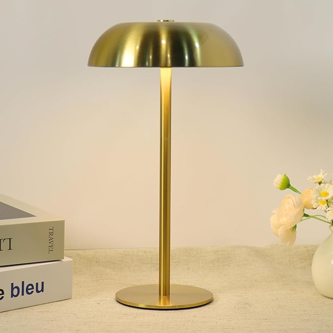 Portable Mushroom Table Lamp with 5200mAh Battery - Cordless LED Night Light with Stepless Dimming, 3 Color Modes & Adjustable Height for Bedroom, Patio, Bar Decor and Coffee Shop Ambiance（Gold-tall）