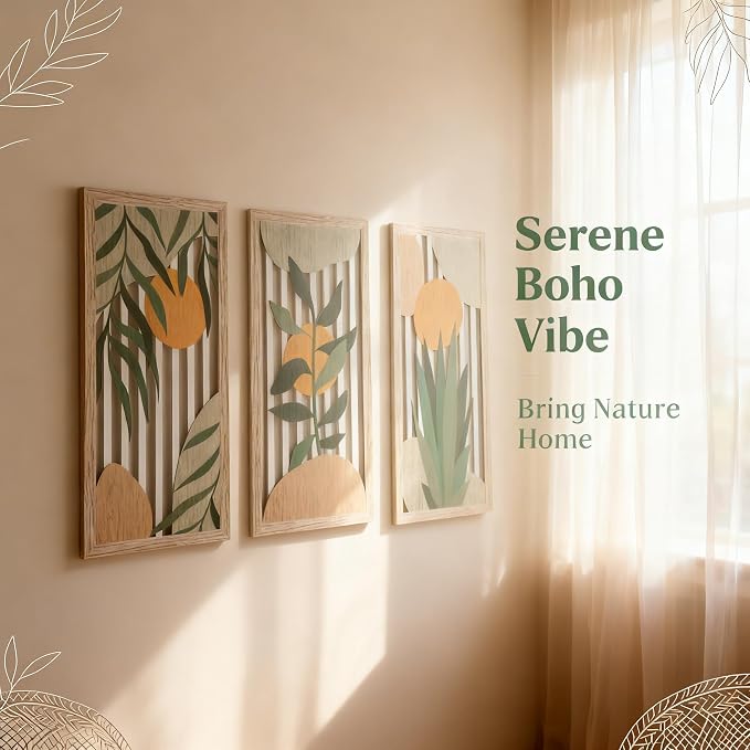 Boho Wall Art for Living Room - 3Pcs Botanical Wood Wall Decor, Minimalist Sun & Plant Design, Rustic Bohemian Hanging Art for Women, Homeowners, Renters, Bedroom, Bathroom, Office, Housewarming Gift