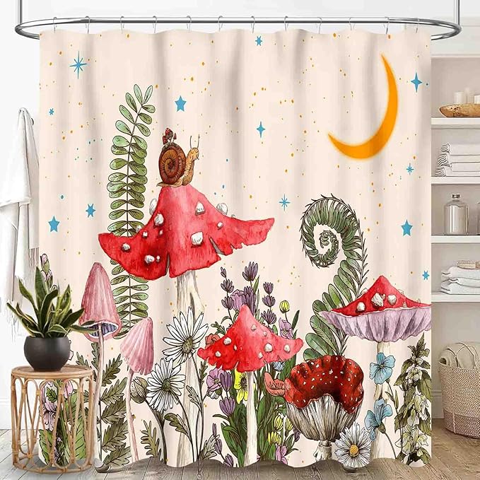 Mushroom Shower Curtain, Wild Floral Botanical Moon Star Daisy Cottagecore Nature Botanical Plants Herbs Farmhouse Waterproof Fabric Bathroom Shower Curtain Set with Hooks, 72"x72" Inch