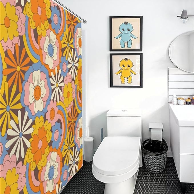 70s Shower Curtain for Bathroom,Rustic Hippie Orange 70s Daisy Floral Flower Cute Funky Trippy Groovy Vintage Boho Colorful Waterproof Fabric Shower Curtain Set with Hooks, 72"x72"