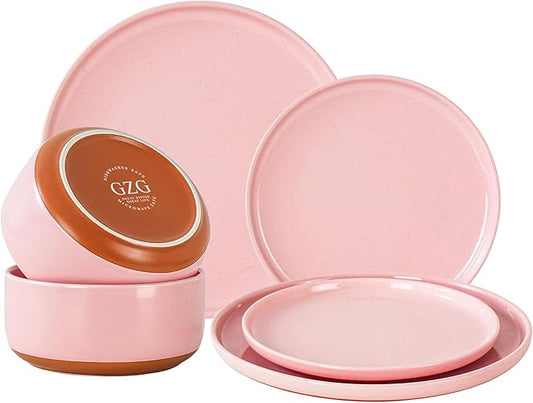 GZG Modern Art Series - 6 Pcs Speckled Stoneware Plates and Bowls Sets, Ceramic Dinnerware Set with Rustic Terracotta Underside, Microwave and Dishwasher Safe Handcrafted Dishes Set - Blush Pink