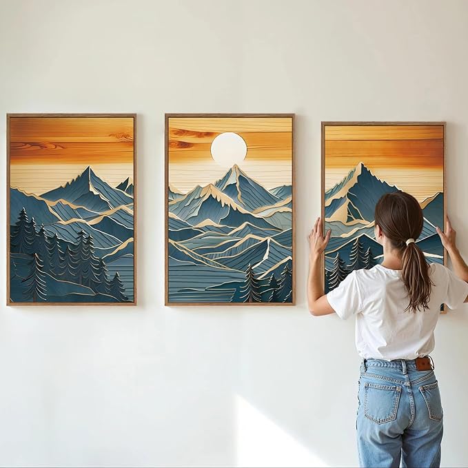 Tinonedraw Large Mountains Framed Canvas Wall Art Set of 3, Boho Nature Woodcut Forest Art Prints, Mid Century Modern Wall Decor, Sunset Landscape Art Paintings for Living Room Bedroom Office 24"x36"
