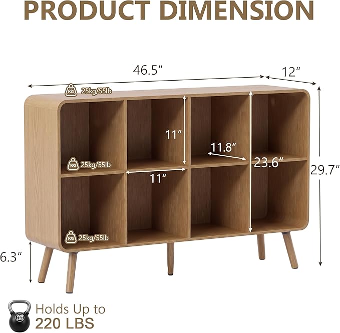 YOSHOOT 8 Cube Bookshelf - 46.5" Wood Cube Bookcase with Legs, Open Cubby Bookshelves with Curved Profile Design for Bedroom, Living Room,Home Office, Nature