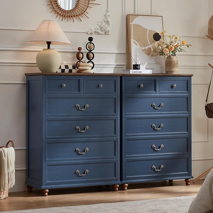 Farmhouse 6 Drawer Dresser Set of 2 for Bedroom, 42" Tall Rustic Chests of Drawers w/ 4 Solid Wood Feet, Mid Century Vintage Wooden Closet Storage Dressers Organizer for Living Room,Blue