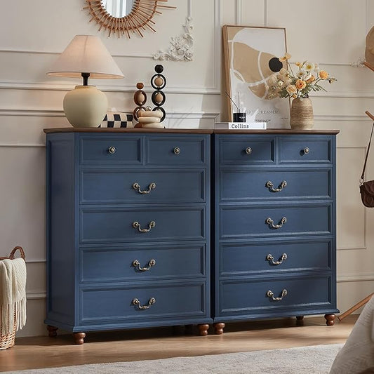 Farmhouse 6 Drawer Dresser Set of 2 for Bedroom, 42" Tall Rustic Chests of Drawers w/ 4 Solid Wood Feet, Mid Century Vintage Wooden Closet Storage Dressers Organizer for Living Room,Blue