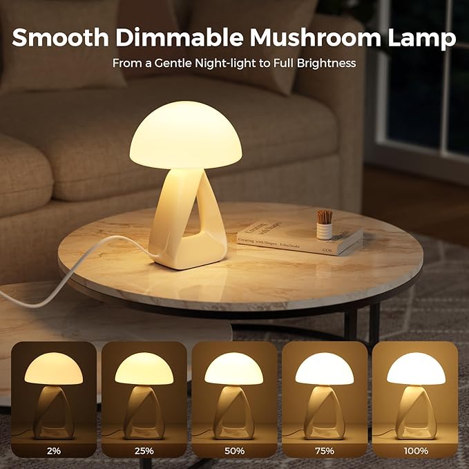 Mushroom Lamp, Small Table Lamp for Bedroom, Creative Geometric Ceramic Base Bedside Lamp, Mid Century Modern Side Table Lamp for Living Room Nightstand, Unique Aesthetic Home Decor Gift Ideas, White