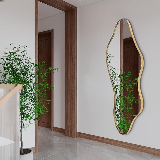 Large Irregular Mirror, 55"x25.6" Asymmetrical Mirrors with Gold Metal Frame, Modern Unique Shaped Abstract Mirror for Living Room Bathroom Bedroom Entryway, Hangs Horizontal Or Vertical