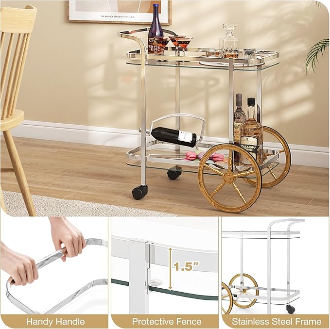 Tangkula Bar Cart for The Home, 2-Tier Rolling Tempered Glass Serving Cart, 2 Large Gold Aluminum Wheels & 2 Casters, Handle, Stainless Steel Frame, Modern Wine Cart for Kitchen Dining Room