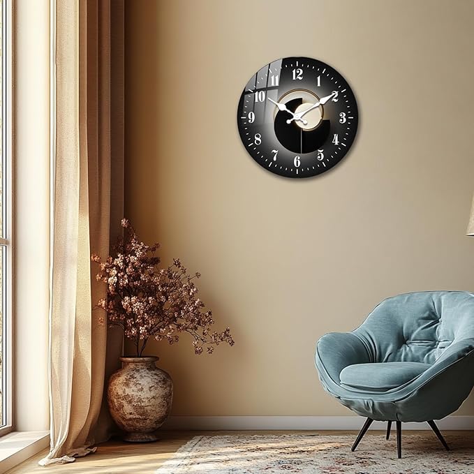 Modern 10 Inch Black and Gold Wall Clock – Silent Decorative Wall Clocks Battery Operated, Wooden Analog Wall Clock Non Ticking for Living Room, Bedroom Home Décor