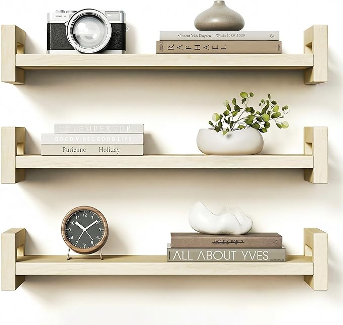 Vailando Floating Shelves for Wall, Set of 3 Solid Wood Wall Mounted Shelves, 16" Rustic Poplar Display Shelf for Bedroom, Living Room, Bathroom, and Kitchen Decor - Heavy-Duty & Natural Pine