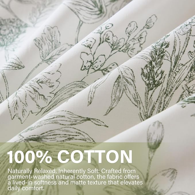 Duvet Cover Set Queen Size 100% Nature Cotton Reversible Botanical Queen Duvet Cover Set 3 Pieces Soft & Breathable Bedding Set with Zipper Closure & Corner Ties