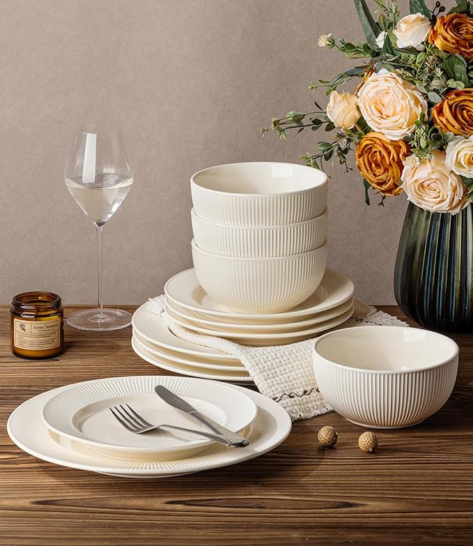 TheTerra Stoneware Dinnerware Sets for 4, 12 Pieces Ceramic Plates and Bowls Sets, Scratch Resistant Embossed Dish Set, Oven, Microwave & Dishwasher Safe, Beige