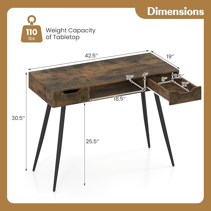 Giantex Mid Century Modern Computer Desk with Drawers, 42.5" Writing Desk with Open Storage Cubby, Vanity Table with Metal Leg, Compact Wooden Study Table for Small Spaces Home Office (Rustic Brown)
