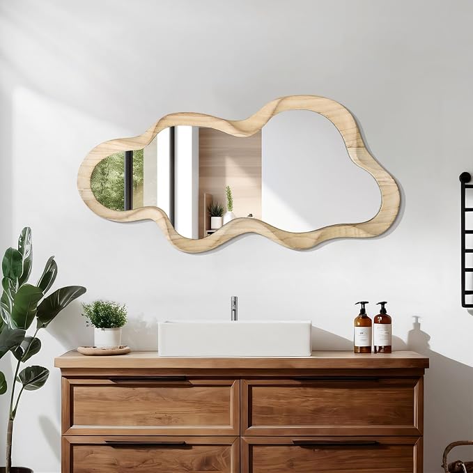 Asymmetrical Mirror Large Irregular Wall Mirror Modern Wood Frame Unique Artistic Mirrors Cute and Stylish Cloud Wavy Mirror Decorative for Cloakroom Bedroom Living Room Bathroom Entryway