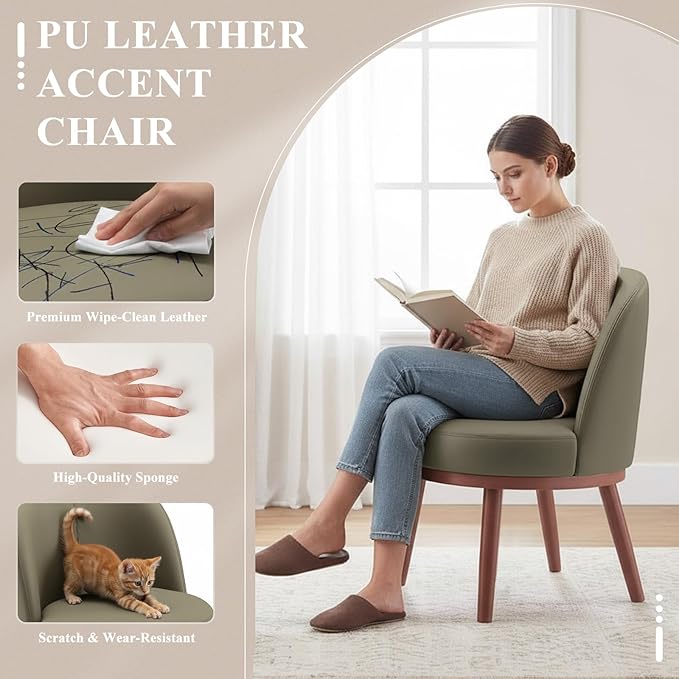 Accent Chair Mid-Century Modern Chair PU Leather Upholstered Armless Chair Set of 1, Suitable for Living Room, Bedroom, Balcony,Olive Green