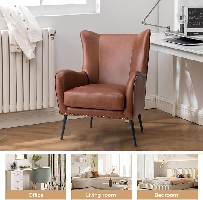 HULALA HOME Faux Leather Accent Chair Set of 2 with Removable Cushion, Comfy Upholstered Armchair with Metal Legs & Nailhead Trim Wingback Vanity Chair for Reading Living Room Bedroom, Brown