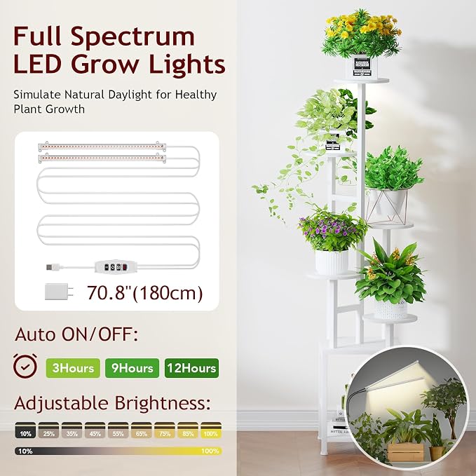 Homsorout Plant Stand Indoor with Grow Light, 6-Tiered Tall Plant Stand Indoor, Metal Plant Shelf with Hanging Basket Hook and Adjustable Light, Ideal for Living Room, Garden, Round Patio white