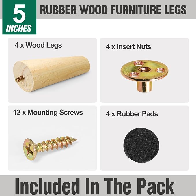 FoDau770 Rubber Wood Furniture Legs 5 Inches, Slant Tapered Wood Feet Mid Century Sofa Legs Set of 4, 5/16" UNC Furniture Feet Replacement Parts for Cabinet Couch Dresser Chair Ottoman Table