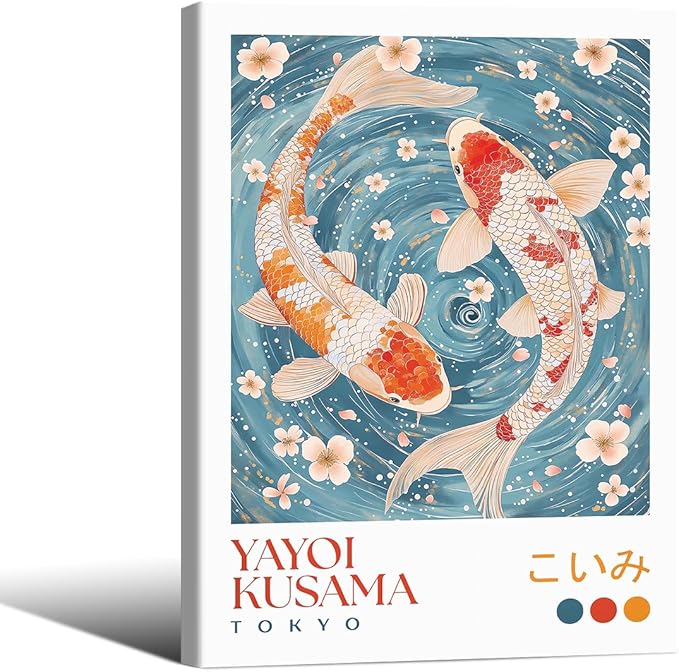 Light Blue Koi Fish Wall Art Japanese Yayoi Kusama Canvas Poster 12X16 inch Framed Modern Vintage Animal Aesthetic Paintings for Living Room Bedroom Dorm Wall Decor
