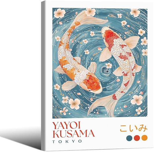 Light Blue Koi Fish Wall Art Japanese Yayoi Kusama Canvas Poster 12X16 inch Framed Modern Vintage Animal Aesthetic Paintings for Living Room Bedroom Dorm Wall Decor