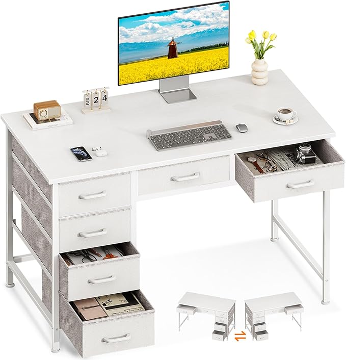 ODK Computer Desk with 6 Drawers, 40 Inch Small Desk with Storage, Reversible Desk for Home Office, Work Study Table for Bedroom, White