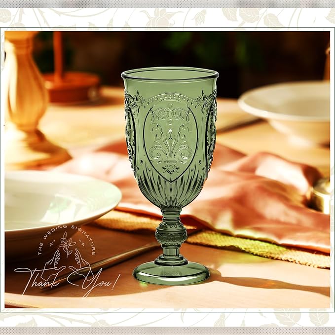 18 Pack Plastic Goblets 10oz Upgrade Vintage Water Goblet Plastic Wine Glasses Colored Retro Embossed Glassware for Party Wine Bar Juice Baby Shower Wedding Reception Grand (Olive Green)