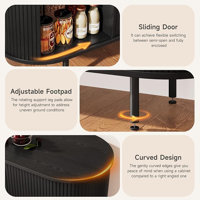 ONBRILL 63“ Sideboard Buffet Cabinet with Storage, Sideboard with 1 Drawer & 2 Door Shelves, Mid-Century Modern Kitchen Cabinets with Sliding Door, Coffee Bar Cabinet for Kitchen, Living Room, Black