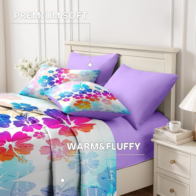 Nesker Comforter Set King Size, Hawaiian Flower Floral 7 Pcs Bedding for Kids and Adults, Hibiscus Hawaii Blue Bed Sheet Sets with Fitted Sheet 2 Pillowcases & 2 Shams