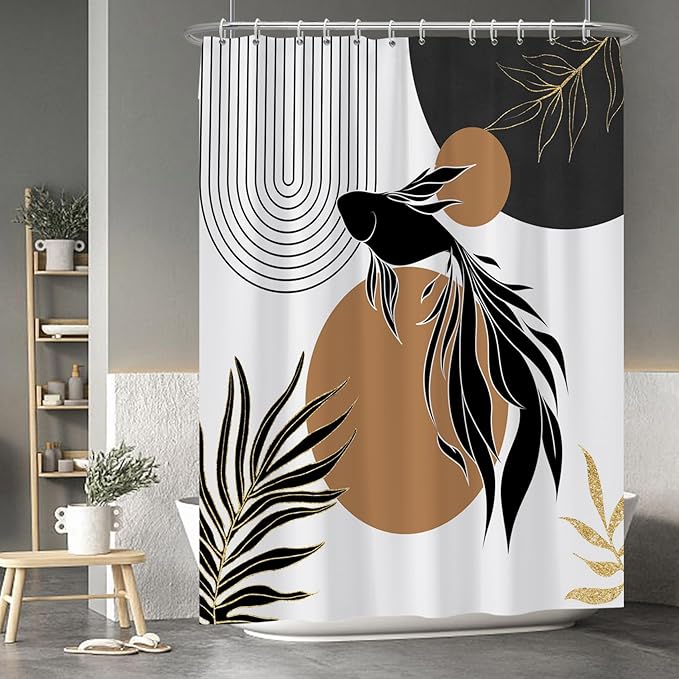 Baocicoo Boho Abstract Goldfish Shower Curtain Simple Geometric Line Aesthetic Minimalist Modern Neutral Shower Curtain for Bathroom Fabric Waterproof Durable Bath Curtain with Hooks 72x96 Inches