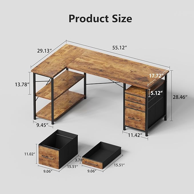 Maihail 55" Computer Desk with Drawers, Desks for Bedrooms, Writing Desk with Storage, Work Desk for Small Space, Rustic Brown