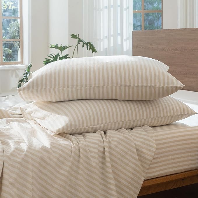 MooMee Striped Duvet Cover Set 100% Washed Cotton Linen Like Textured Breathable Durable Soft Comfy (Almond Milk Grey Classic Stripes, Palatial King/Oversized King 120"x98")