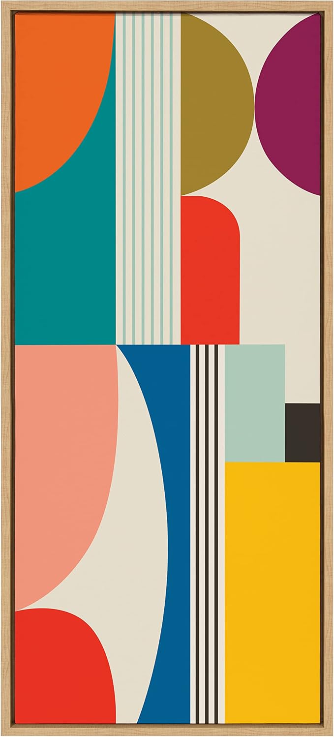 Kate and Laurel Sylvie Mid Century Modern Pattern Framed Canvas Wall Art by Rachel Lee of My Dream Wall; 18x40 Natural; Colorful Abstract Art Print for Wall