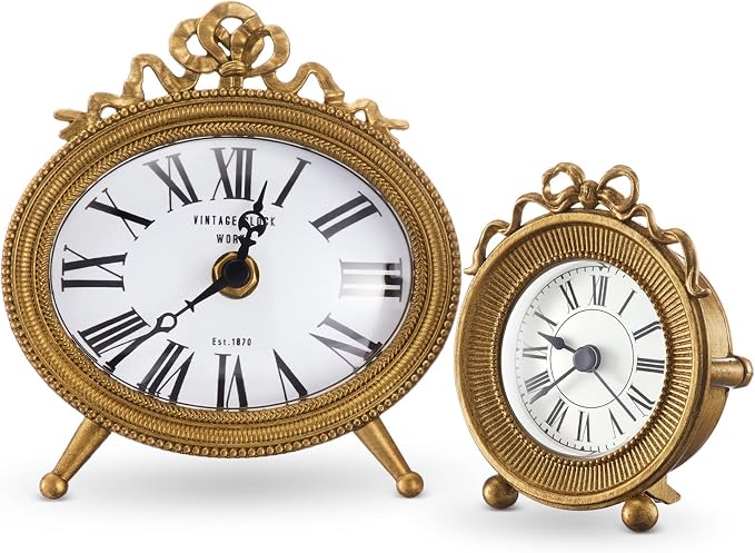 Liliaafar 2 Pack Vintage Gold Brass Table Clock, Silent Shelf Desk Top Small Clock Battery Operated Classic Home Decor for Living Room, Bedroom, Bedside, Office, Gift for Women,Mom