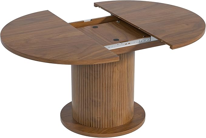 59 inch Round Dining Table for 6, Modern Farmhouse Kitchen Table, Circle Dining Tables with Wood Strip Base for Kitchen Living Room (Big Adjustable Walnut)