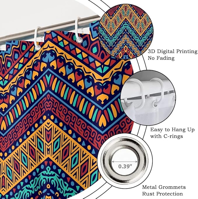 Mid Century Bohemian Shower Curtain for Bathroom Colorful Ethnic Geometric Design Shower Curtains Retro Abstract Aesthetic Bathroom Decor Set Washable Waterproof Polyester Fabric with Hooks 69x75 Inch