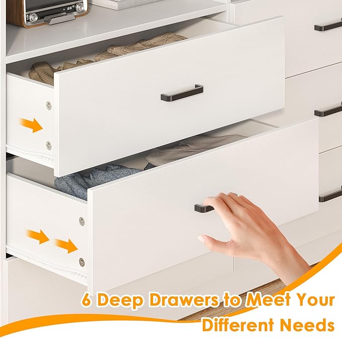Bigbiglife 6 Drawers Dresser for Bedroom with Open Storage Cubby, Double Wide Dresser Organizer for Bedroom, Living Room, Entryway, Hallway (White)