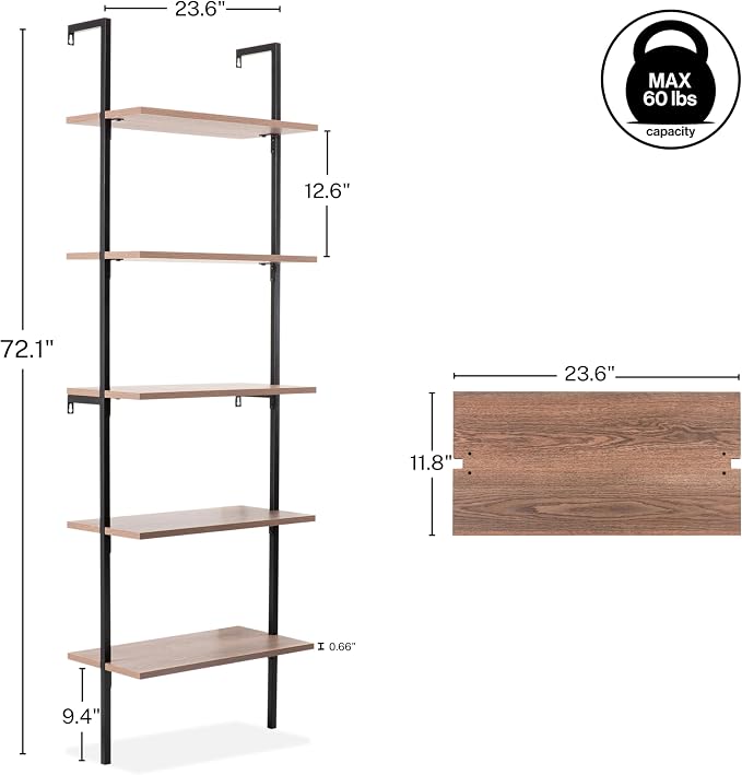 happimess MSH1001C Madera 72.05" Classic Industrial 5-Shelf Wood Wall-Mounted Open Ladder Bookcase with Metal Frame, Brown/Black